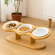 Gamelle en céramique pour chat avec support en bambou | Espace repas réglable 3 en 1