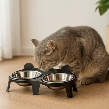 Katzennapf Doppelnapf Edelstahl | Rutschfester 15° Neigungsständer