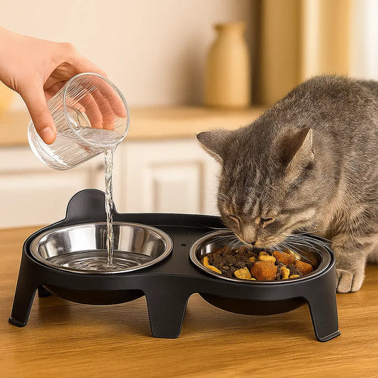 Katzennapf Doppelnapf Edelstahl | Rutschfester 15° Neigungsständer