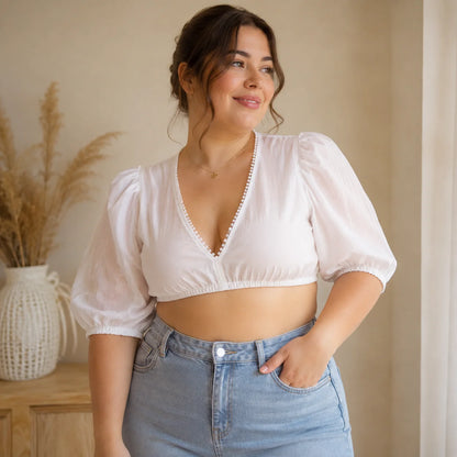 Dirndlbluse Damen  | Ecru mit V-Ausschnitt & Ballonärmeln