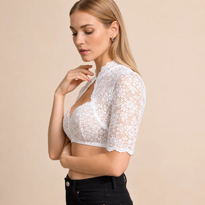 Dirndlbluse Damen Spitze für Oktoberfest | Halbarm mit Stehkragen