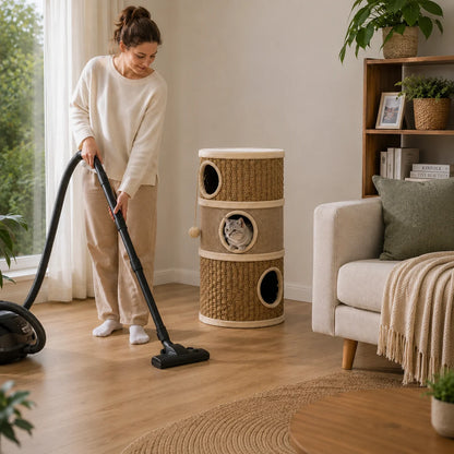 Kratztonne für Katzen 79 cm | 3 Etagen mit Sisal & Katzenhöhlen