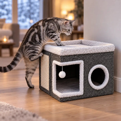 2-in-1 Katzenhaus mit Kratzmatte | Faltbare Katzenhöhle