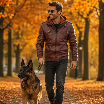 Herren Lederjacke mit Kapuze | Motorradjacke für Herbst & Winter