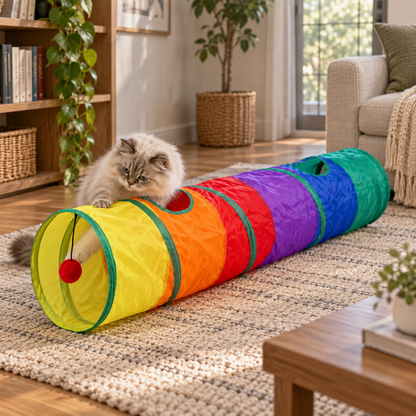 Katzentunnel Bunt | Faltbares Katzenspielzeug mit Spielball