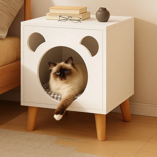 Katzenbett Nachttisch mit Bären-Design | Erhöhtes Holzhaus mit Kissen