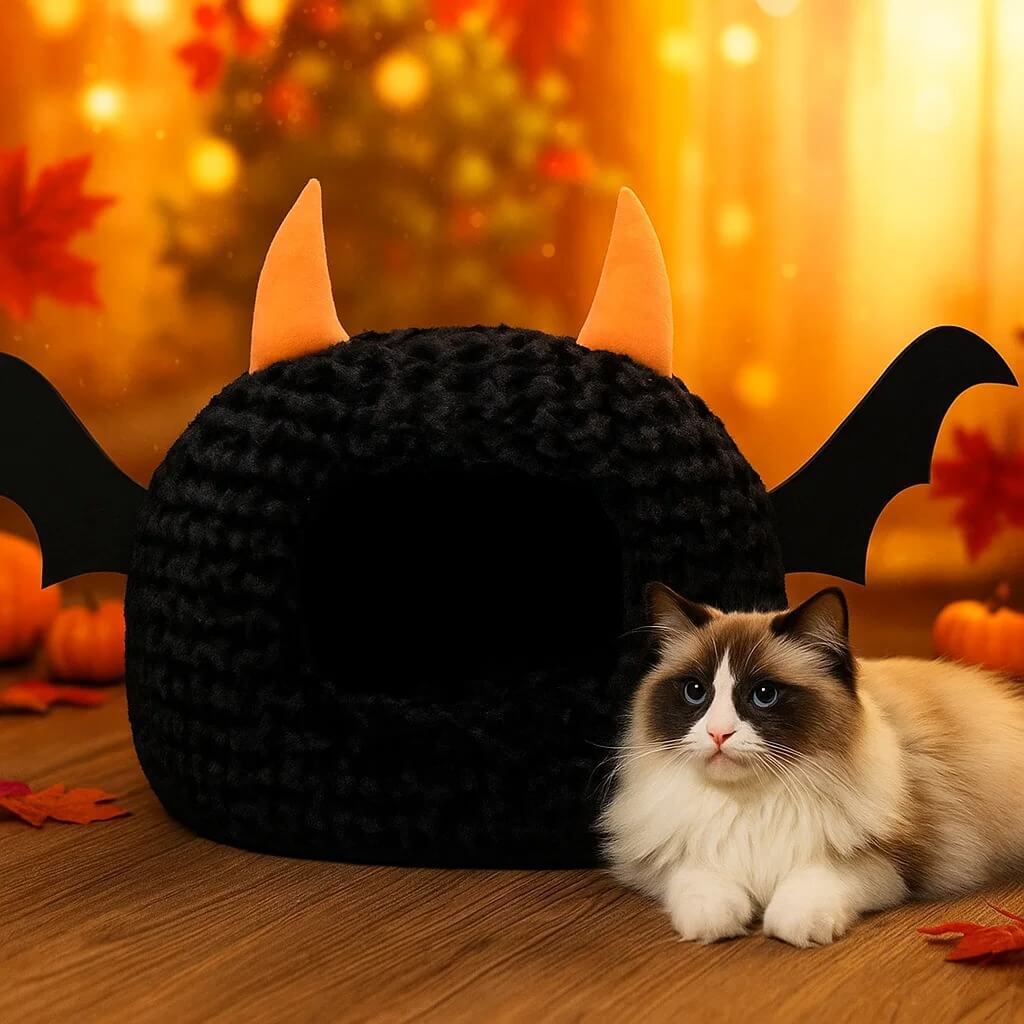 Weiche Katzenhöhle im Halloween-Design | warm & gemütlich