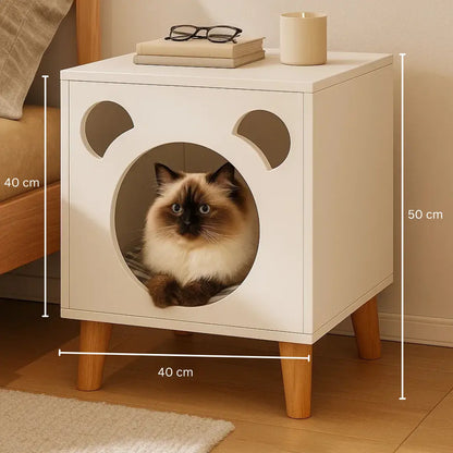 Katzenbett Nachttisch mit Bären-Design | Erhöhtes Holzhaus mit Kissen