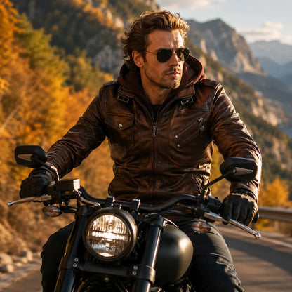 Herren Lederjacke mit Kapuze | Motorradjacke für Herbst & Winter