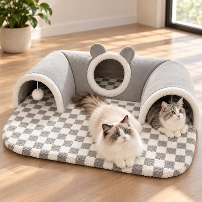 Katzenbett Winter | Warmes Elch Katzentunnel Bett mit Spielbällen
