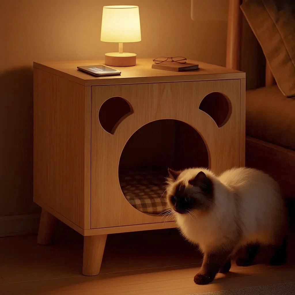 Katzenbett Nachttisch mit Bären-Design | Erhöhtes Holzhaus mit Kissen