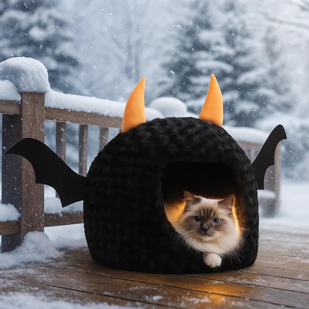 Weiche Katzenhöhle im Halloween-Design | warm & gemütlich