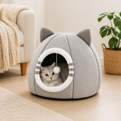 Katzenhöhle Plüsch | Kuscheliges Katzenbett mit Kissen & Spielball