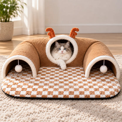 Katzenbett Winter | Warmes Elch Katzentunnel Bett mit Spielbällen