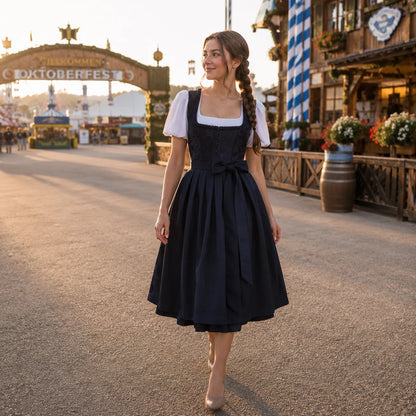 Dirndl Damen Blau | Midi Dirndl mit Ornamentmuster fürs Oktoberfest