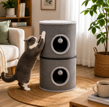 Kratztonne für Katzen | 2 Etagen mit Katzenhöhlen & Sisal-Kratzfläche