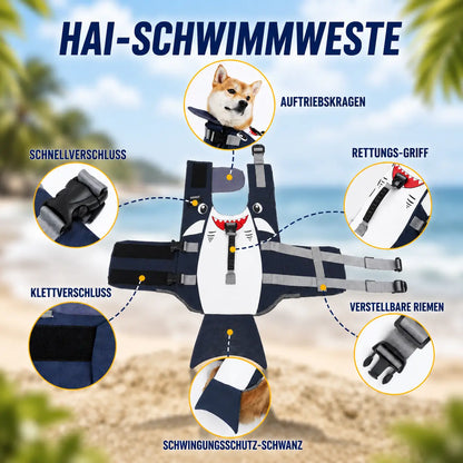 Hundeschwimmweste Hai-Design | Schwimmhilfe mit Rettungsgriff & Auftriebshilfe