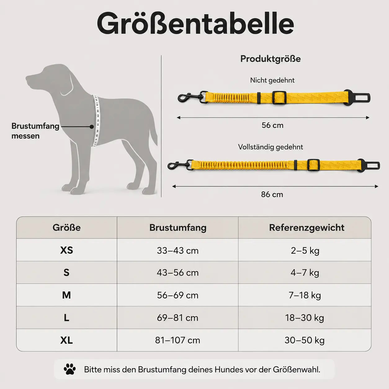 Auto Sicherheitsset für Hunde Größentabelle
