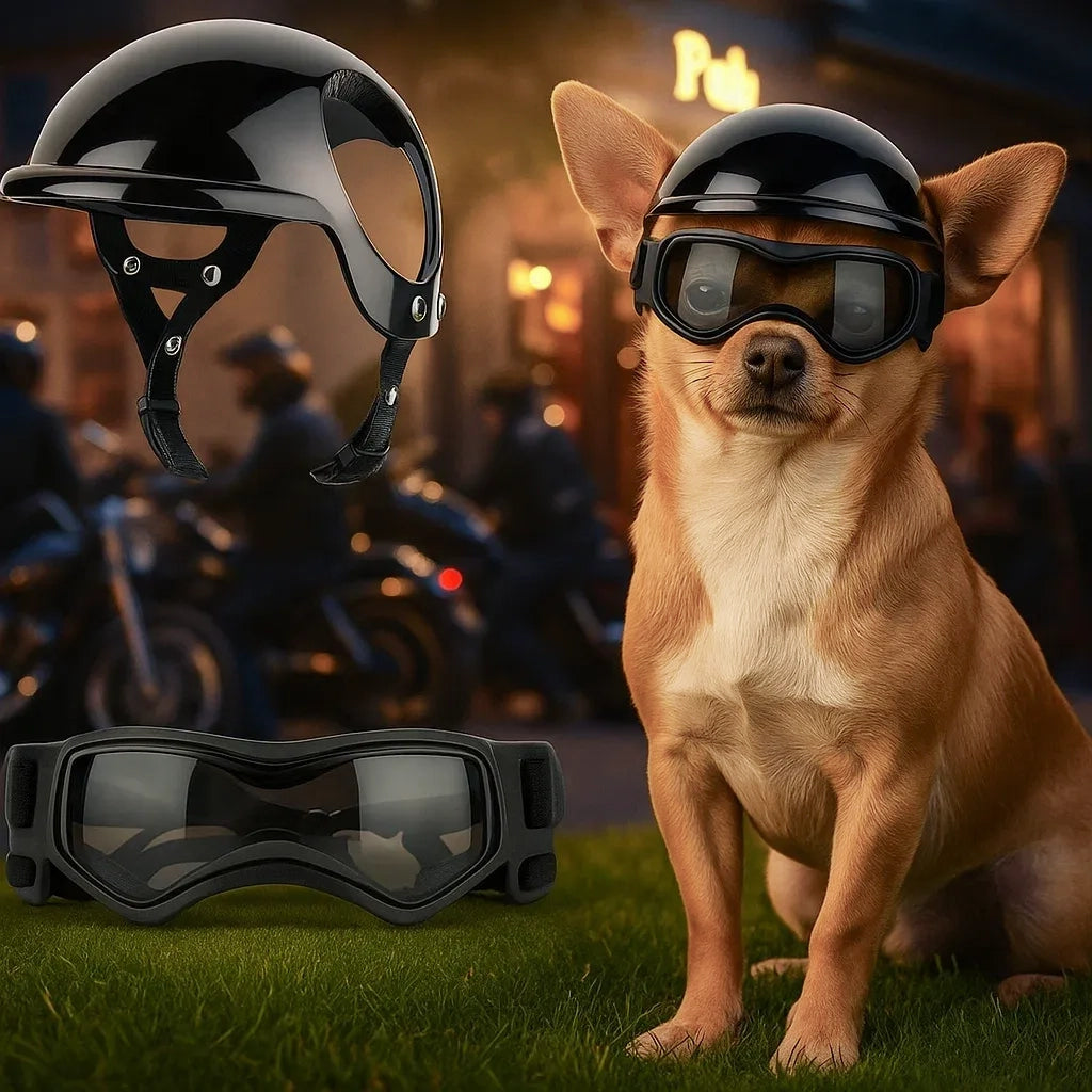 Helm & Schutzbrille Set für Hunde | Verstellbar & Bequem