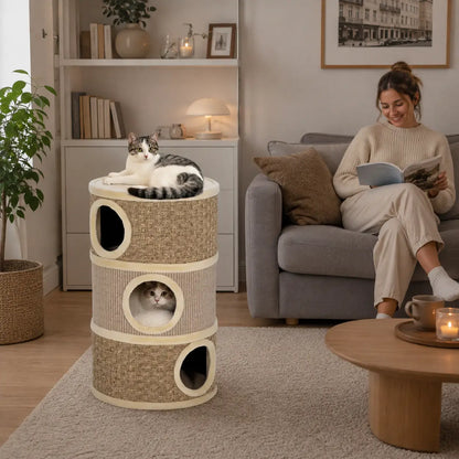 Kratztonne für Katzen 79 cm | 3 Etagen mit Sisal & Katzenhöhlen