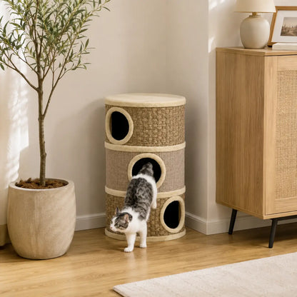 Kratztonne für Katzen 79 cm | 3 Etagen mit Sisal & Katzenhöhlen