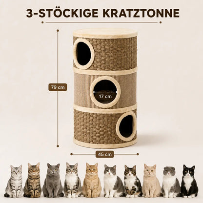 Kratztonne für Katzen 79 cm | 3 Etagen mit Sisal & Katzenhöhlen