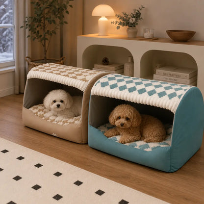 Hundebett mit Dach | Kuschelige Hundekorb für Herbst & Winter