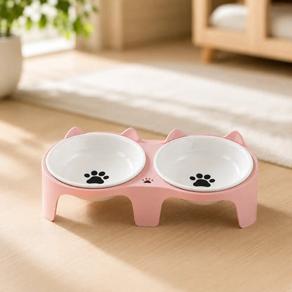 Cat Bowl made of Wood & Ceramic | Elevated Double Bowl with Incline