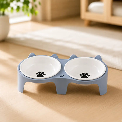 Cat Bowl made of Wood & Ceramic | Elevated Double Bowl with Incline