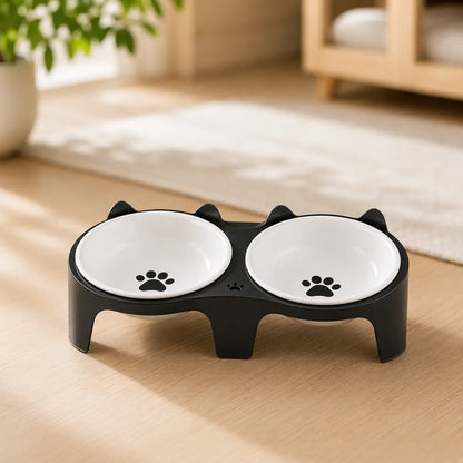Cat Bowl made of Wood & Ceramic | Elevated Double Bowl with Incline
