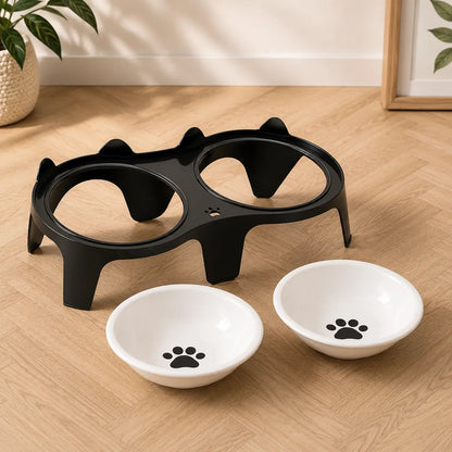 Cat Bowl made of Wood & Ceramic | Elevated Double Bowl with Incline