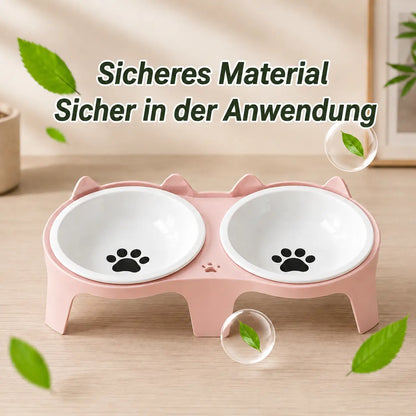 Cat Bowl made of Wood & Ceramic | Elevated Double Bowl with Incline