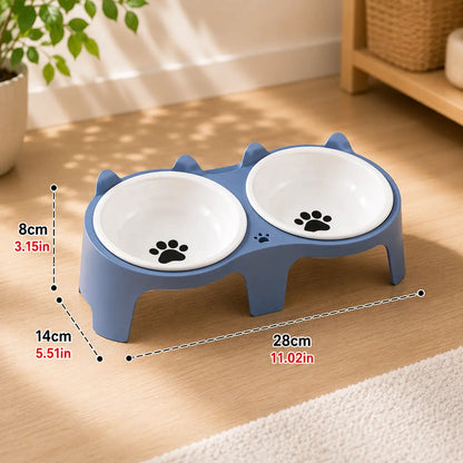 Cat Bowl made of Wood & Ceramic | Elevated Double Bowl with Incline