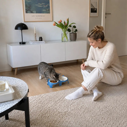 Cat Bowl made of Wood & Ceramic | Elevated Double Bowl with Incline
