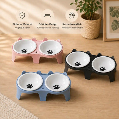 Cat Bowl made of Wood & Ceramic | Elevated Double Bowl with Incline