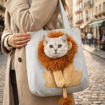 Cat Carrier Bag Canvas | Shoulder Transport Bag with Lion Design