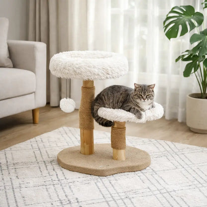 Katzenkratzbaum mit Bett & Spielball | Holz Kratzbaum mit Plattform