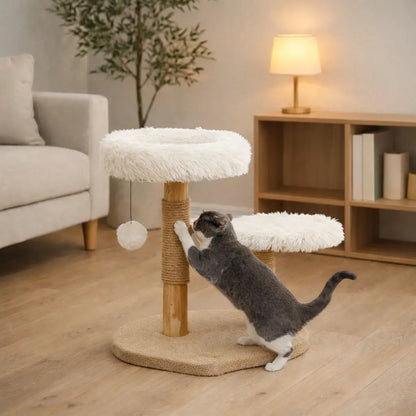Katzenkratzbaum mit Bett & Spielball | Holz Kratzbaum mit Plattform