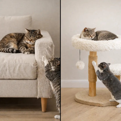 Katzenkratzbaum mit Bett & Spielball | Holz Kratzbaum mit Plattform