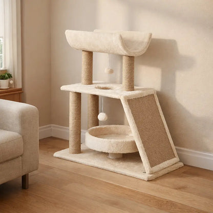 Cat Scratching Post with Ramp & Cat Bed | Scratching Post with Play Balls