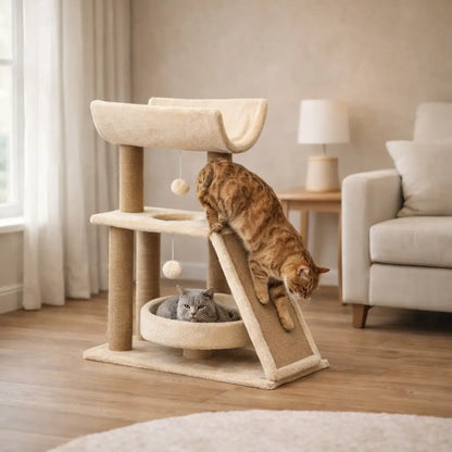 Cat Scratching Post with Ramp & Cat Bed | Scratching Post with Play Balls