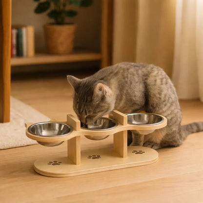 Gamelle pour chat avec support en bois | Support de nourriture réglable