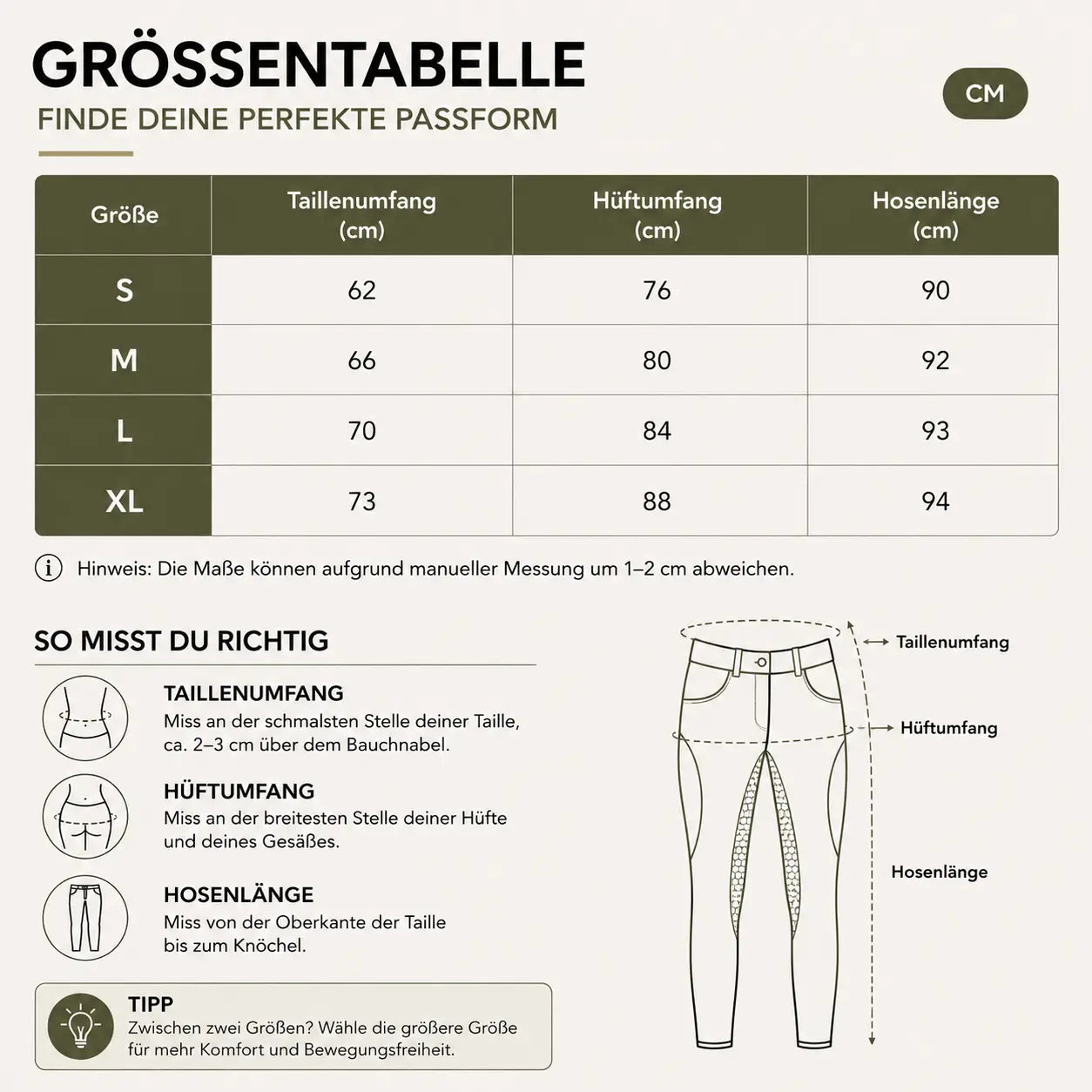 Reithose  Größentabelle 