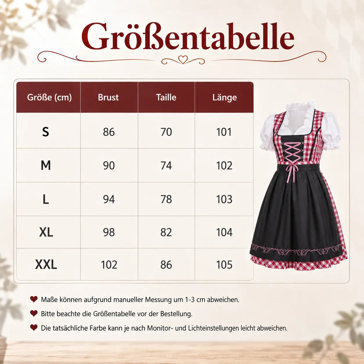 Oktoberfest Größentabelle 