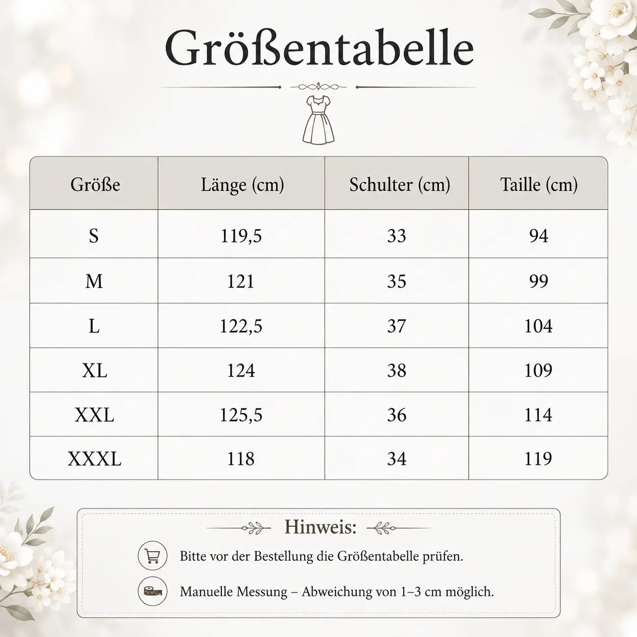 Dirndl_Damen Größentabelle 