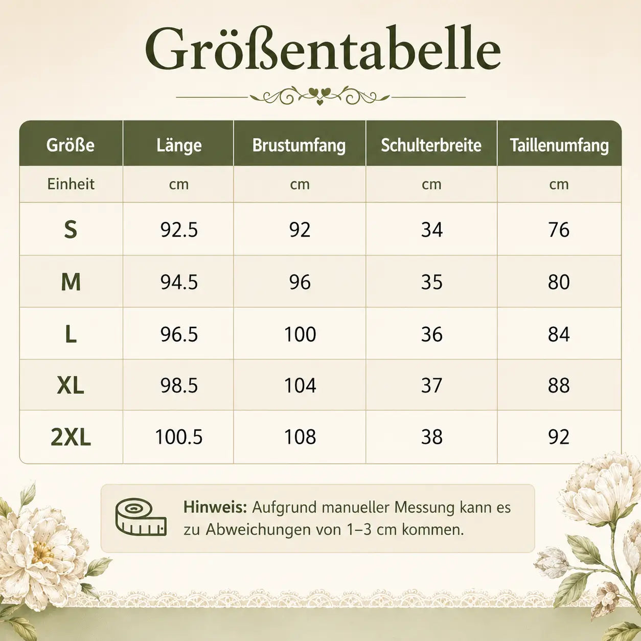 Dirndl_Damen Größentabelle 