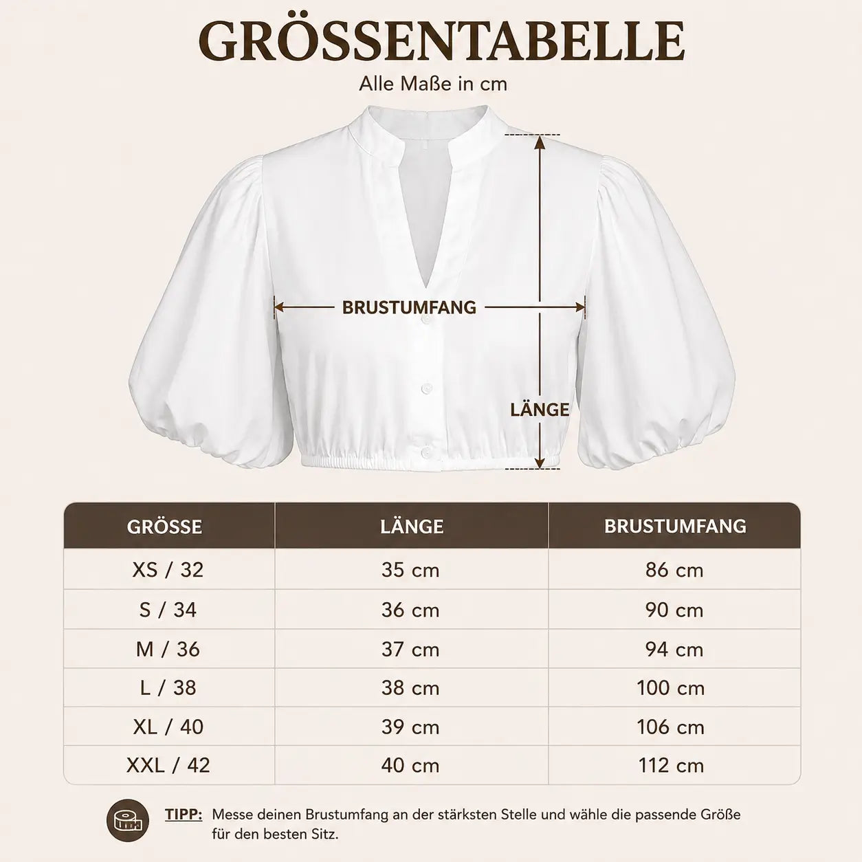 Dirndlbluse Größentabelle 