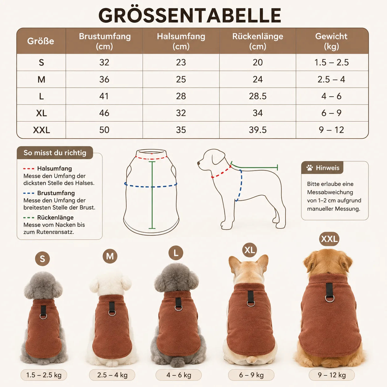 Hundemantel Größentabelle