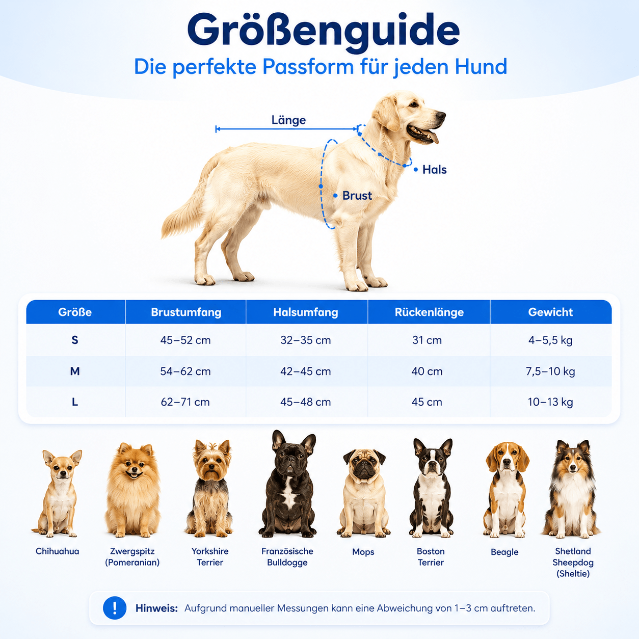Hunde Kühlweste  Größentabelle