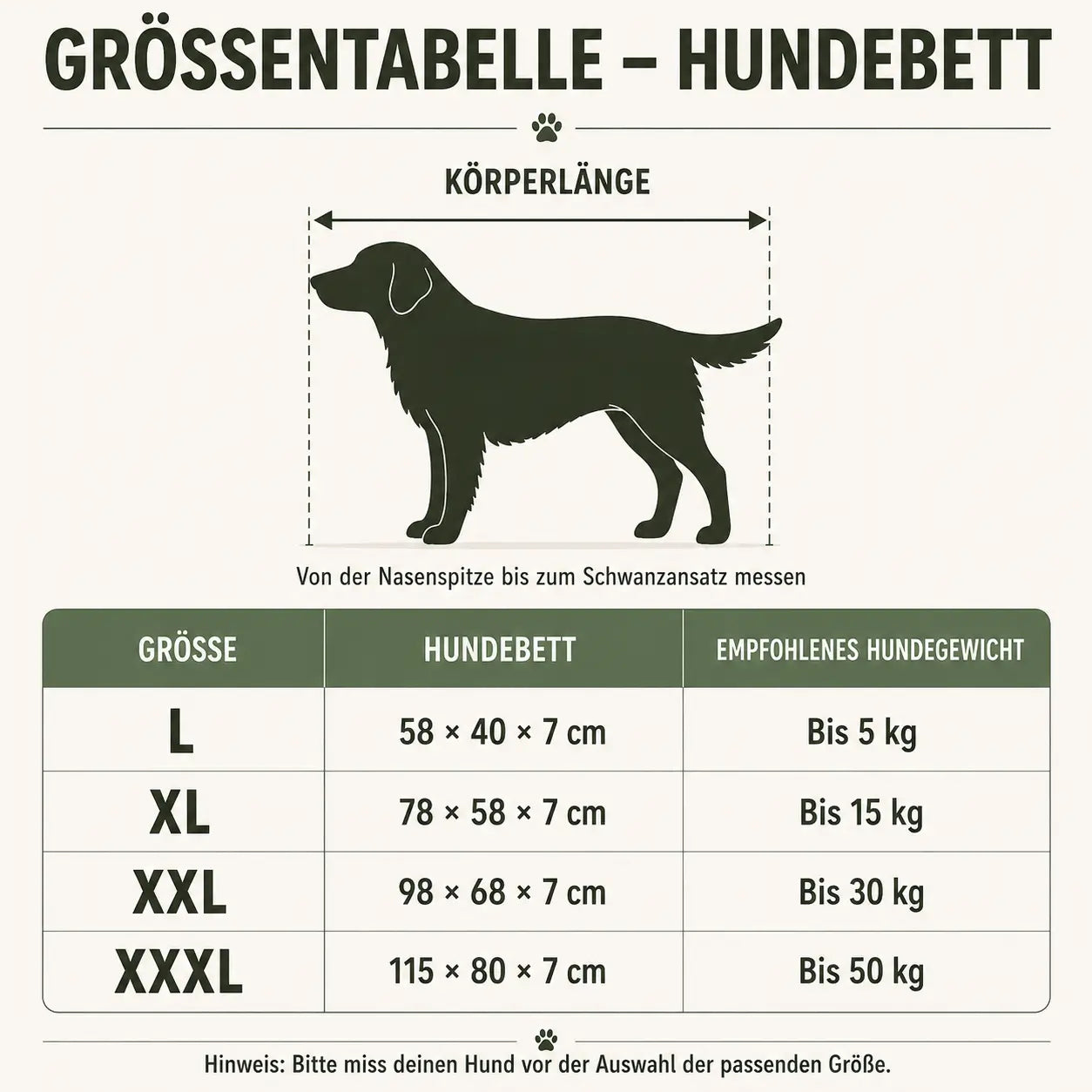 Hundebett Größentabelle